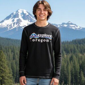Vintage Tipsy Explore Oregon Black Waffle Knit T-Shirt 100% Cotton Large